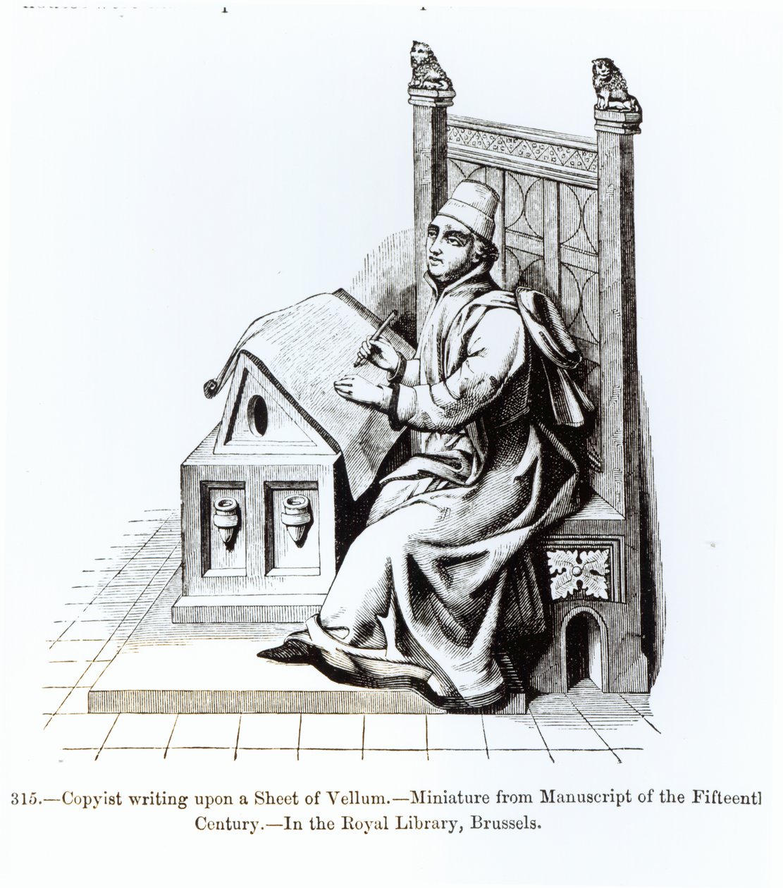 Kopista piszący na kartce welinowej, z rękopisu, ilustracja z Nauki i literatury w średniowieczu i renesansie, napisany i rytowany przez Paula Lacroix, 1878 (bw p autorstwa French School