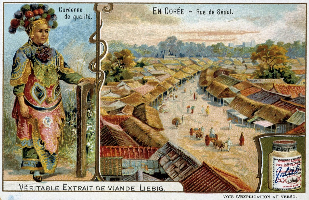 Coree: Ulica Seulu i strój kobiecy - chromo Liébig, v.1900 autorstwa French School
