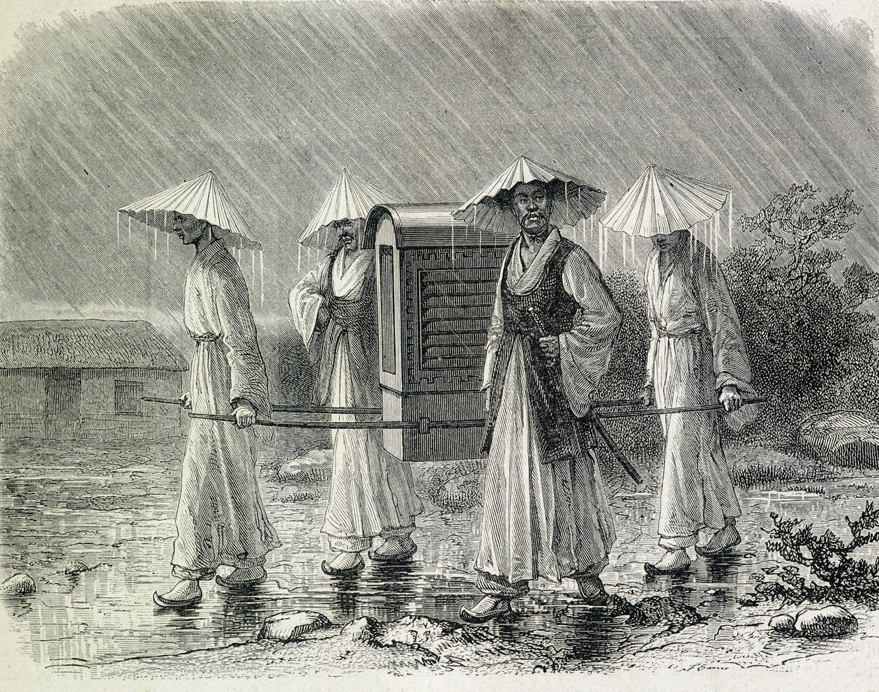 Coreenowie ubrani w palankin (strój przeciwdeszczowy coreenów) niosący krzesło. Ilustracja zaczerpnięta z "Wyprawy do Korei" pana H. Zubera, byłego oficera marynarki wojennej (1866) - w "Tour du Monde". autorstwa French School