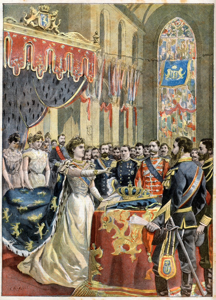 Koronacja królowej Holandii Wilhelminy. Koronacja królowej Wilhelminy Holandii (1880-1962) (Wilhelmina Helena Pauline Maria van Oranje-Nassau) w Nieuwe Kerk w Amsterdamie - ilustracja do Le petit Journal autorstwa French School