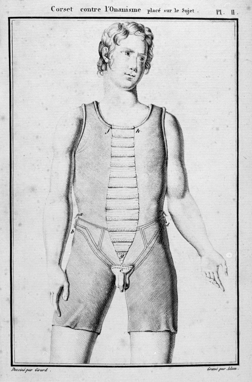 Gorset zapobiegający onanizmowi, ilustracja z Traite des bandages et equipment J.B.J. Thillaye, Paryż, wydanie 1815 autorstwa French School