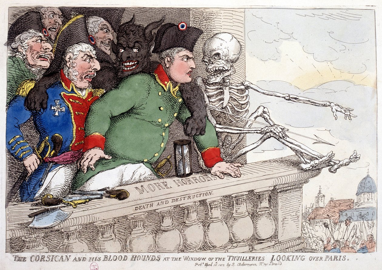 Korsyka i jej krwiożercze spojrzenie na Paryż przez okno Tuileries - w "Napoleon I", karykatury, kolekcja manekinów, ok. 1814-1815. autorstwa French School