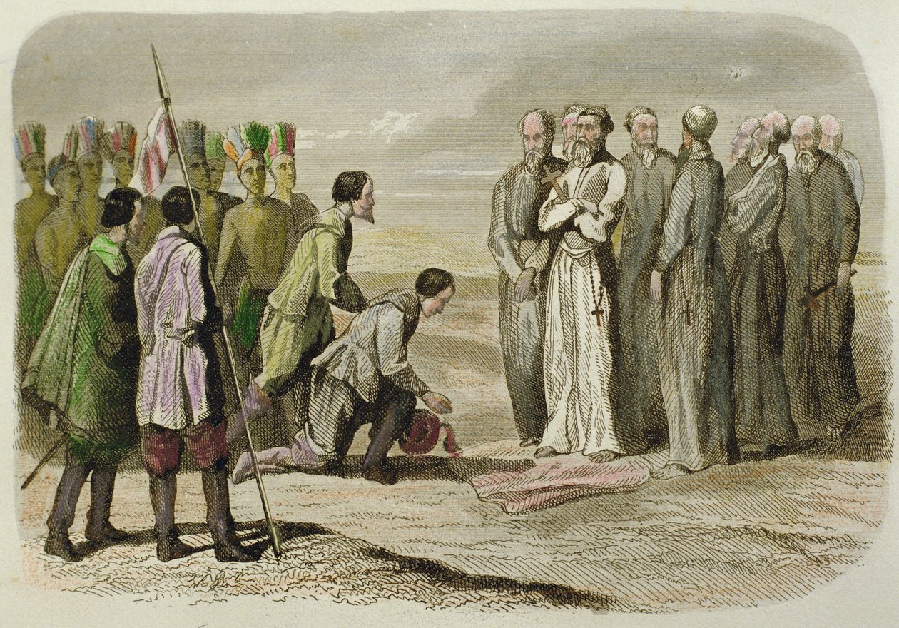 Cortes u stóp Martina de Valencia (ręcznie barwiony grawerunek) autorstwa French School