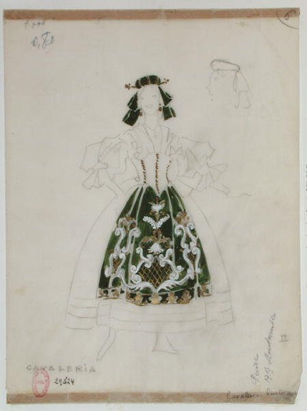 Projekt kostiumu do opery Cavalleria Rusticana Pietro Mascagni (1863-1945) (ołówek i toaleta na papierze) autorstwa French School