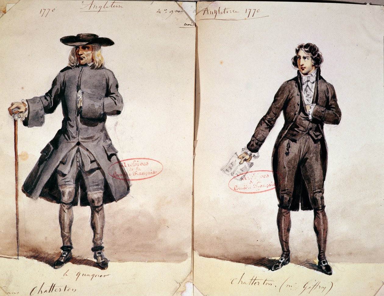 Projekt kostiumu do pierwszej produkcji Chattertona Alfreda de Vigny (1791-1863): Quaker i Geffroy jako Chatterton, 1835 (wc na papierze) autorstwa French School