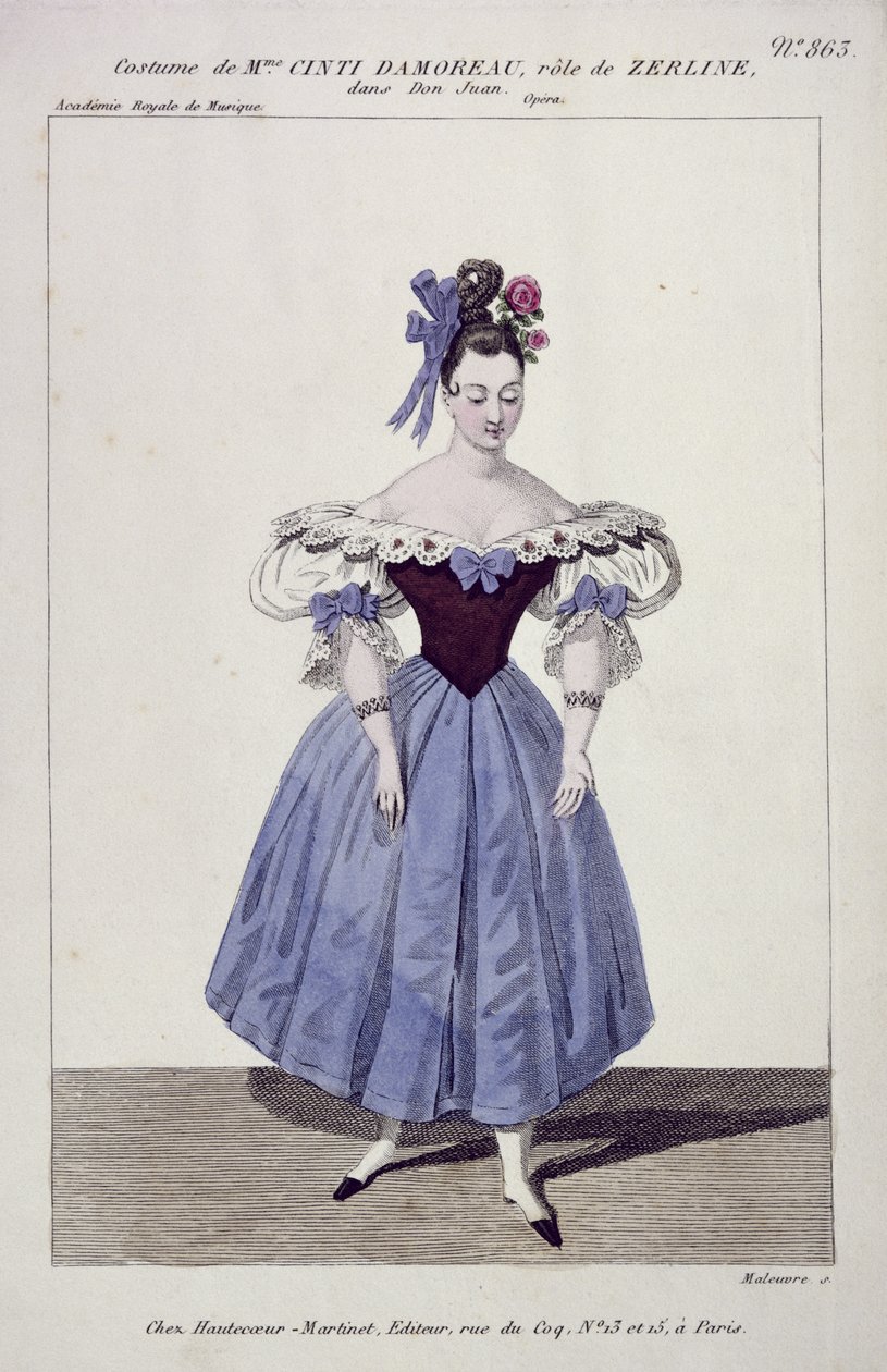 Kostium dla Madame Cinti Damoreau w roli Zerliny w Don Giovanni, grawerowane przez Maleuvre, wydrukowane przez Hautecoeur-Martinet autorstwa French School