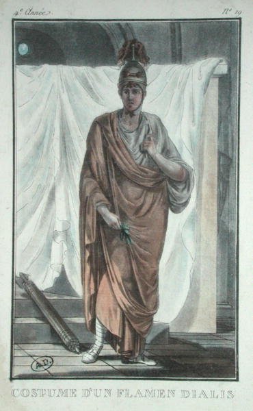 Kostium dla rzymskiego „Flamen Dialis”, ilustracja z księgi „Kostiumy dla teatru” (kolorowa grawerunek) autorstwa French School