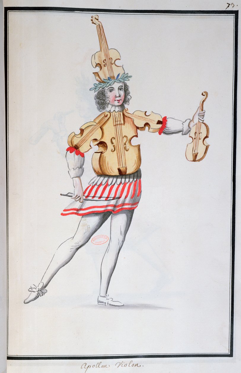 Kostium Apollina-skrzypce dla Ballet de la Nuit Jean-Baptiste Lully (1632-87) tańczony przez Ludwika XIV, 23 lutego 1653 (wc na papierze) autorstwa French School