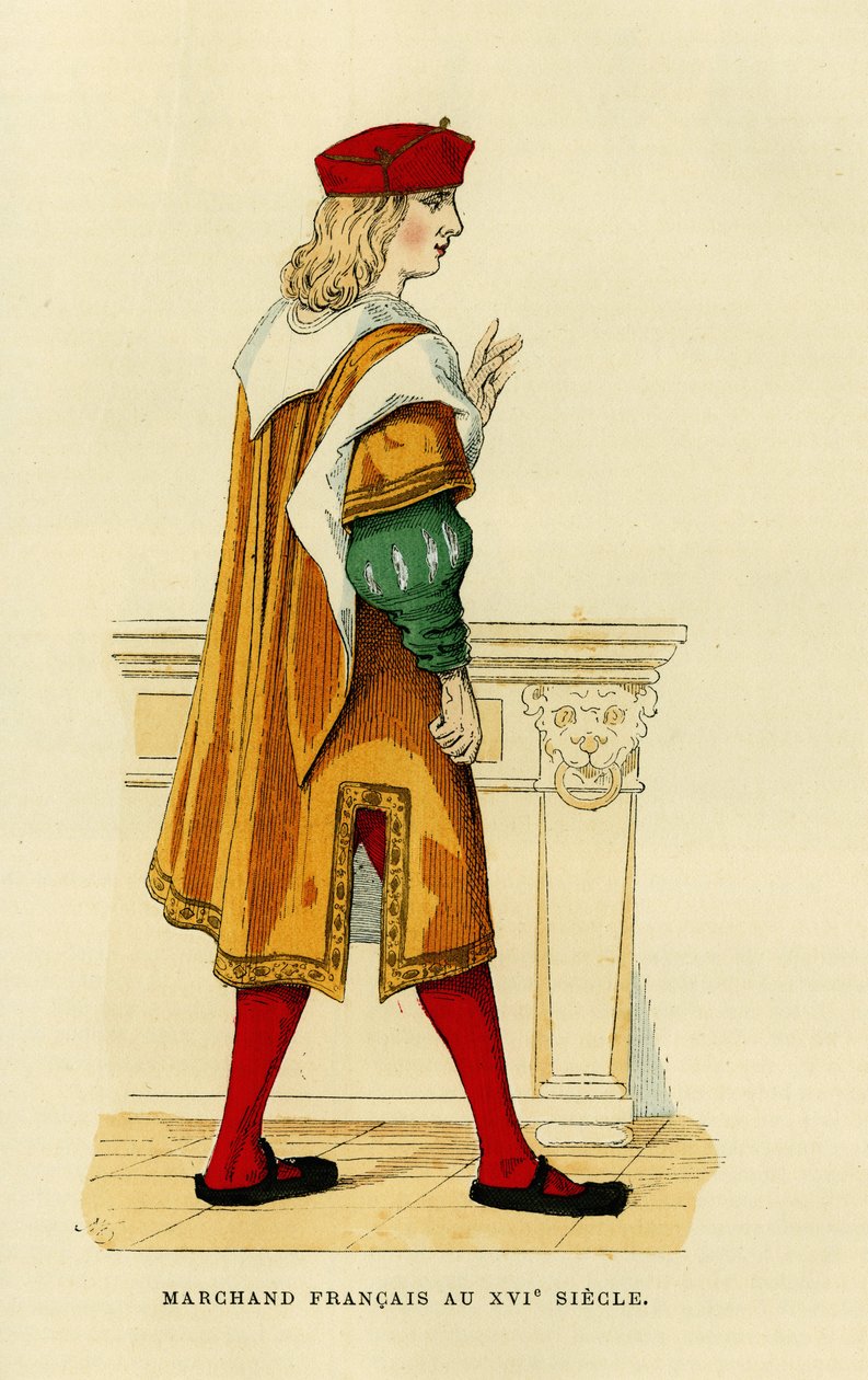 Kostium francuskiego kupca w XVII wieku. Kolorowa rycina w "France et les francais a travers les centuries" Augustina Challamela, redaktora F.Roya, Paryż 1882. Kolekcja Selva. autorstwa French School