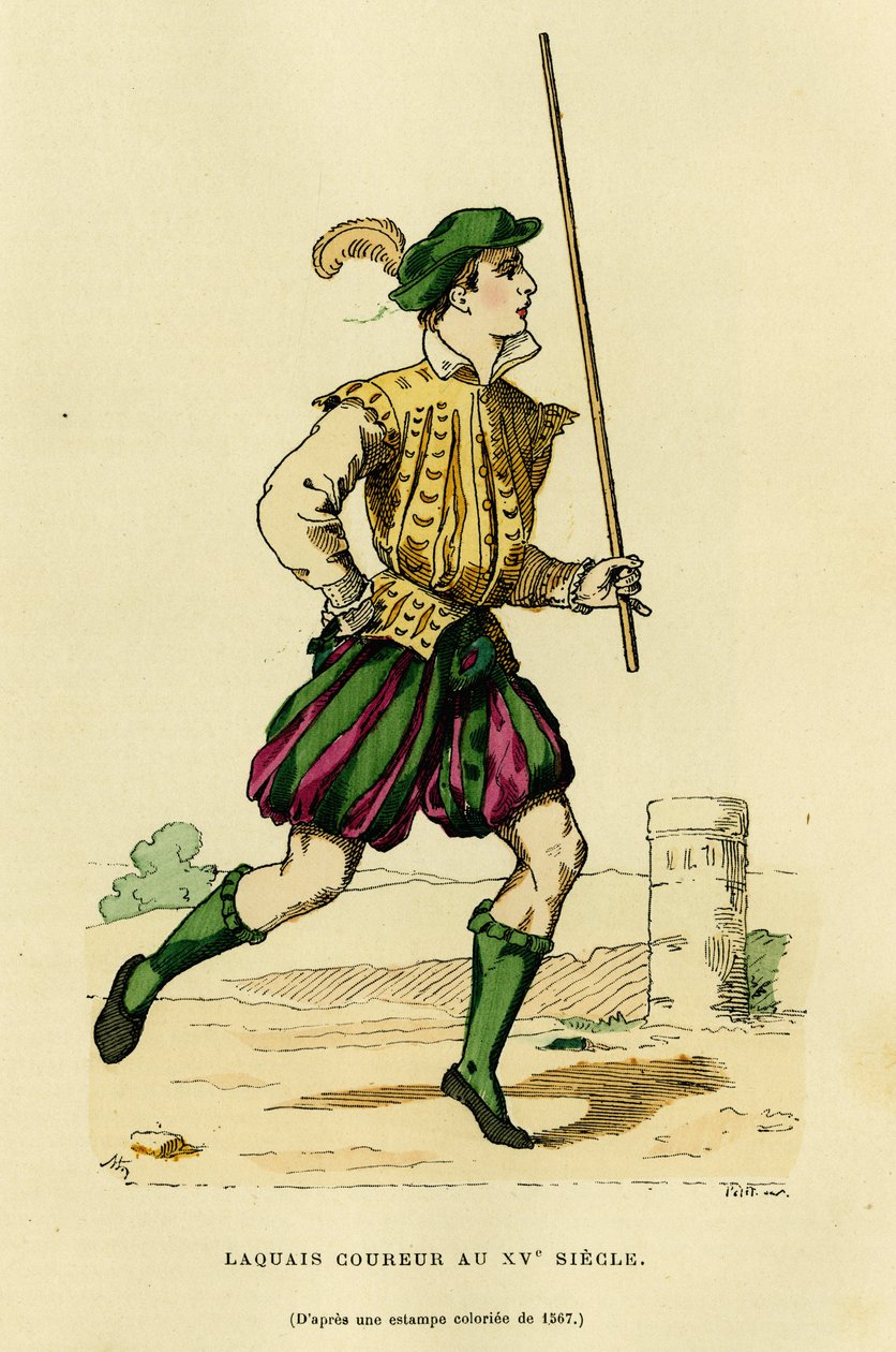 Kostium lokaja z XV w., któremu powierzono bieganie przed powóz, aby uwolnić drogę i ogłosić przejście szlachcica lub lorda. Grawerowanie kolorem, w „France et les francais a travers les century”” Augustin Challamel, F.Roy ed autorstwa French School