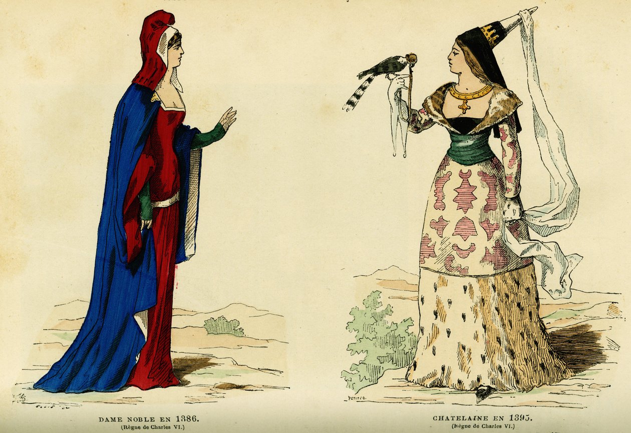 Kostiumy szlacheckiej damy w 1386 r. i chatelaine w 1395 r. (panowanie Karola VII 1403-1461). Kolorowa rycina w "France et les francais a travers les centuries" autorstwa Augustina Challamela, redaktora F.Roya, Paryż 1882. Kolekcja Selva. autorstwa French School