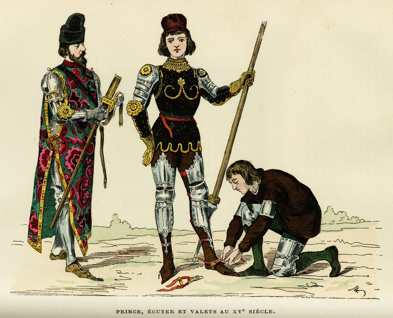 Kostiumy księcia, jego ecu i lokaja w XV wieku. Grawerowanie kolorem, w „France et les francais a travers les Century” Augustina Challamela, redaktora F.Roya, Paryż 1882. Kolekcja Selva. autorstwa French School