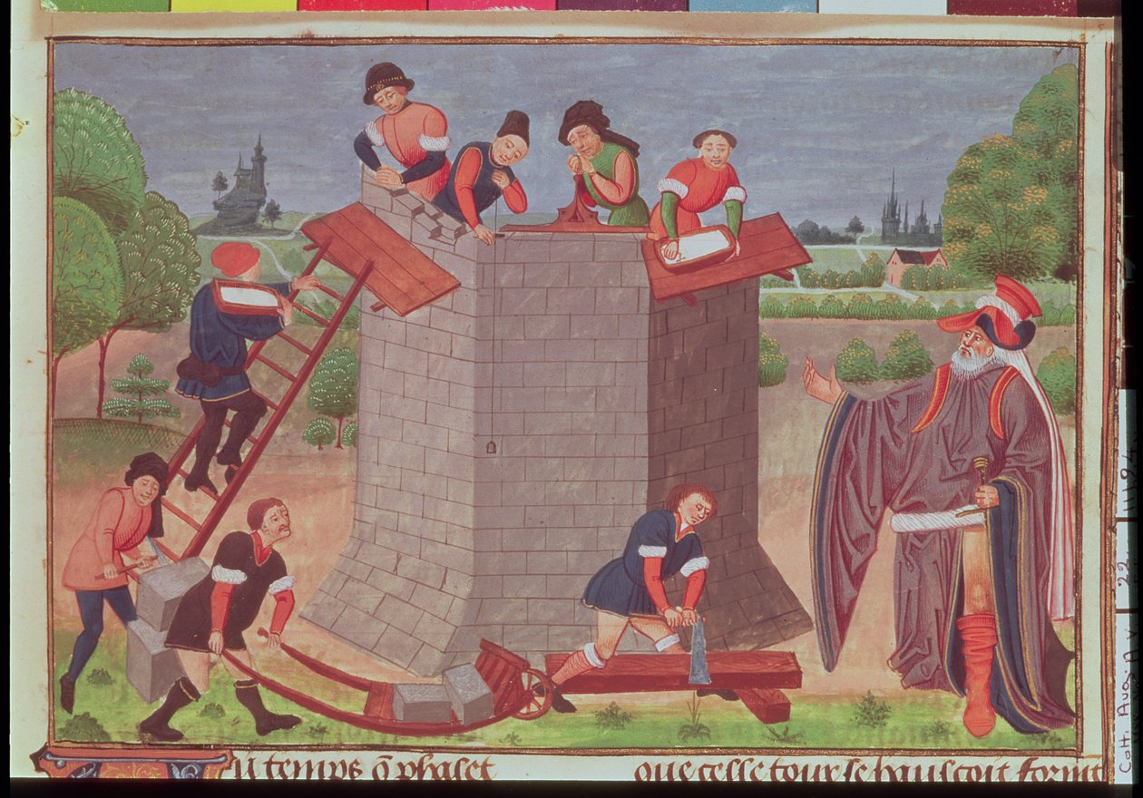 Cott Aug V fol.22 Budowa wieży Babel, miniatura z „Le Tresor des Histoires” (welum) autorstwa French School