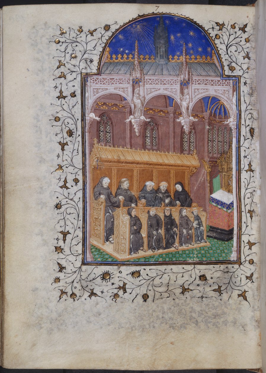 Cott Dom A XVII f.122v Bracia w czarnych szatach śpiewający w chórze, z Psałterza Henryka VI, Paryż, ok. 1420 (welum) autorstwa French School