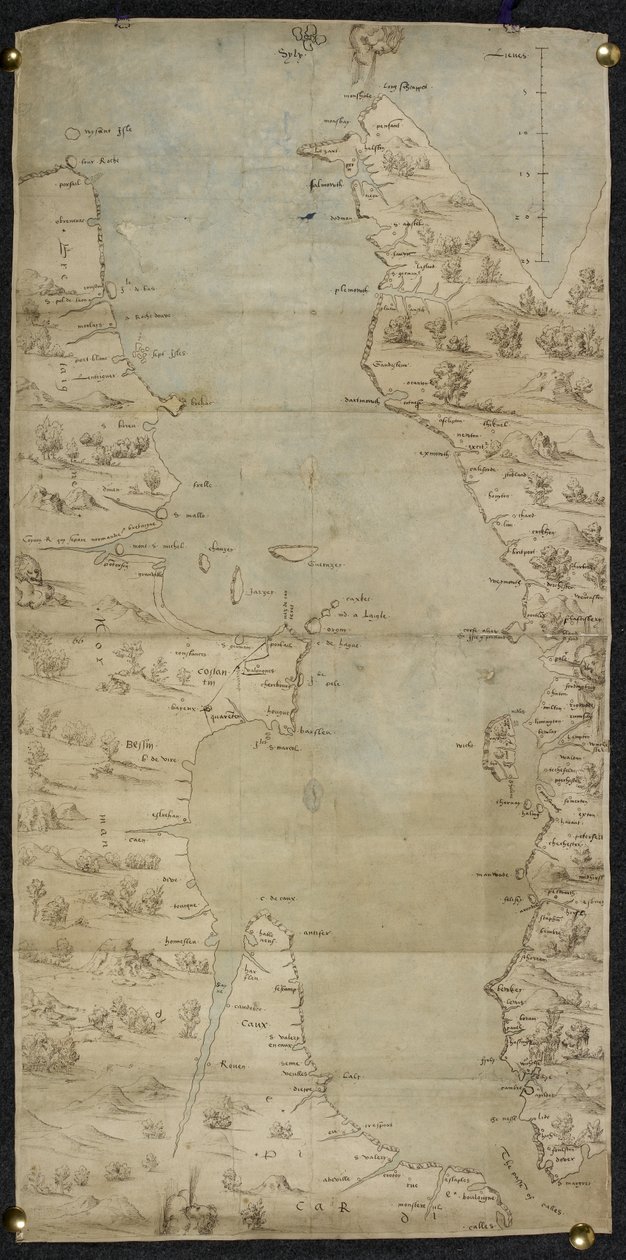 Cotton Augustus I ii f.65 Mapa kanału La Manche (południowe wybrzeże Anglii i północne wybrzeże Francji) autorstwa Jean Rotz autorstwa French School