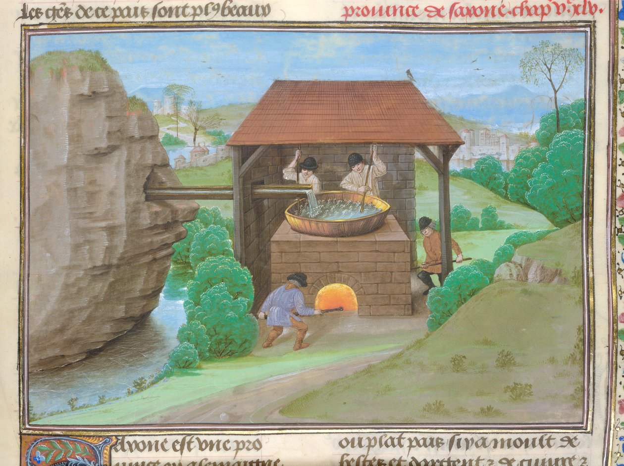 Bawełna Augustus V, f.363 Szopa Solna z patelnią i piecem, ilustracja z „Le Tresor des Histoires...” (welum) autorstwa French School