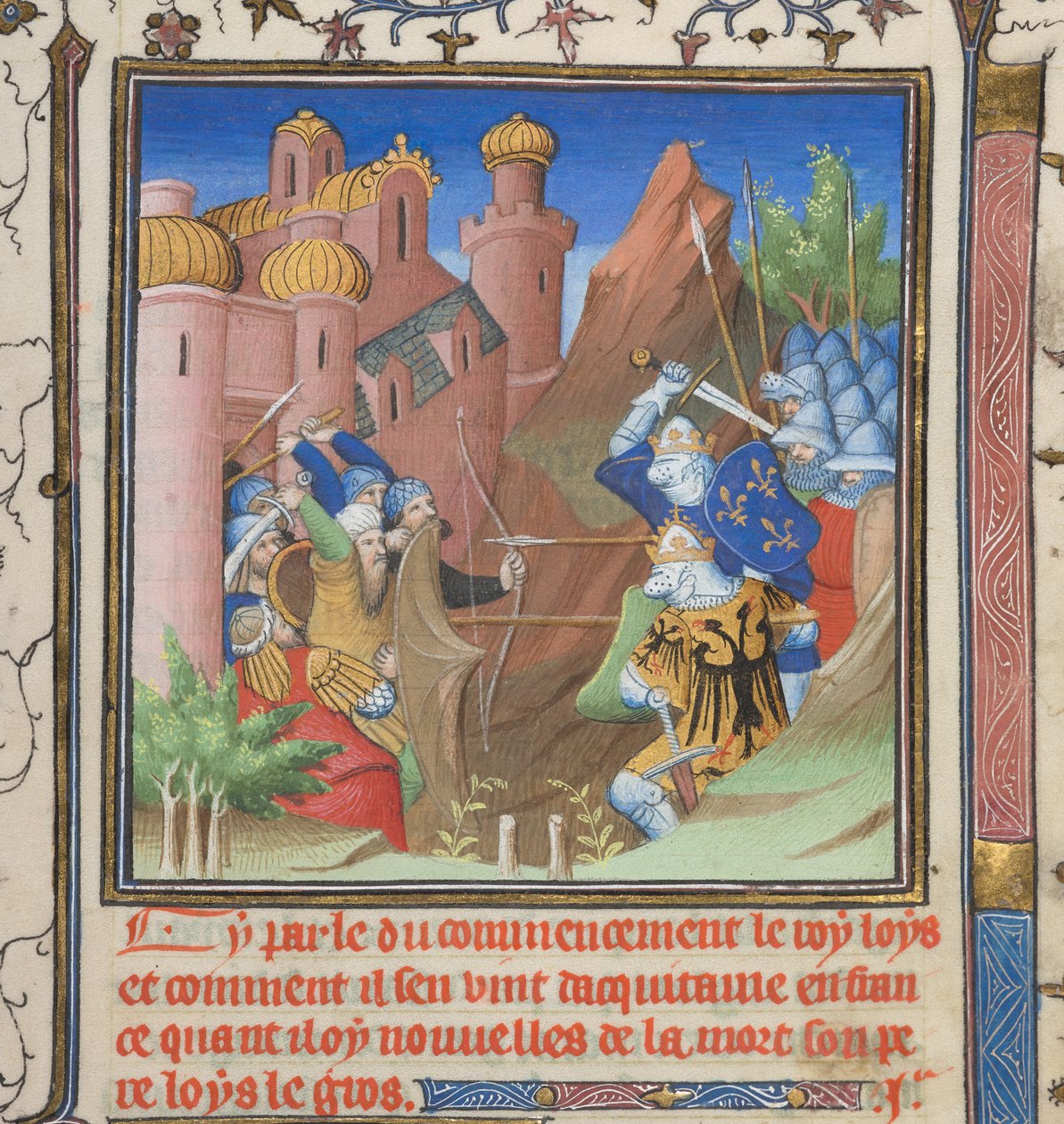 Bawełna Nero E II pt.1, f.222, Bitwa Ludwika VII i jego ojca, z Grandes Chroniques de France autorstwa French School