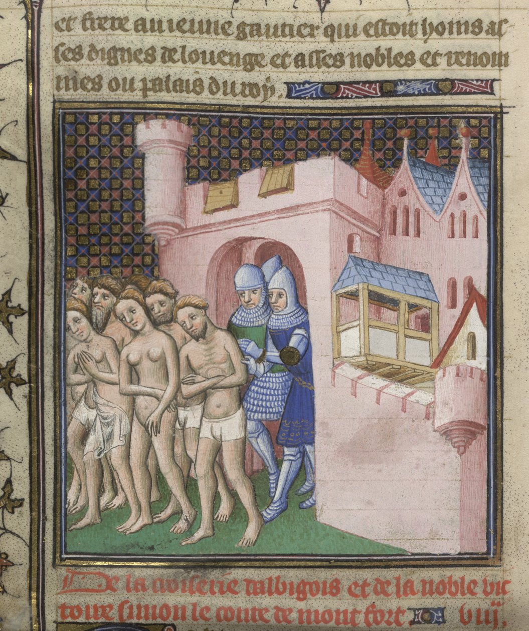 Bawełna Nero E. II pt.2, f.20v Wypędzenie albigensów z Carcassone w 1209, z „Grandes Chroniques de France”, c.1415 (tusz, kolor i złoto na papierze) autorstwa French School