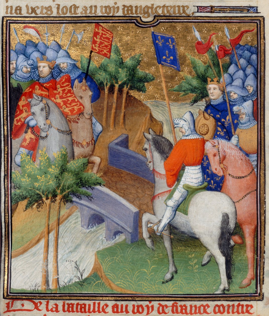 Bawełna Nero E. II pt.2, f.40v Anglia i Francja w stanie wojny, ilustracja z „Grandes Chroniques de France”, c.1415 (welum) autorstwa French School