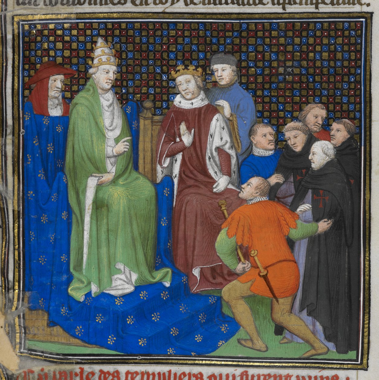 Bawełna Nero E II pt2 fol.100v Templariusze przed Filipem IV (1268-1314) i papieżem Klemensem V (ok. 1260-1320), z „Grandes Chroniques de France” (welum) autorstwa French School