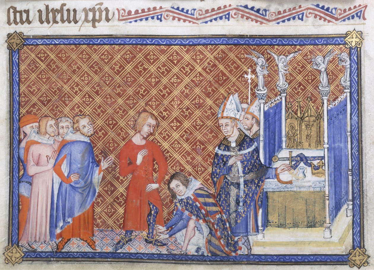 Cotton Tiberius B VIII f.48v Filip Śmiały, książę Burgundii odziewa króla Karola V z ostrogami, ilustracja z „Master of the Coronation Book” autorstwa French School