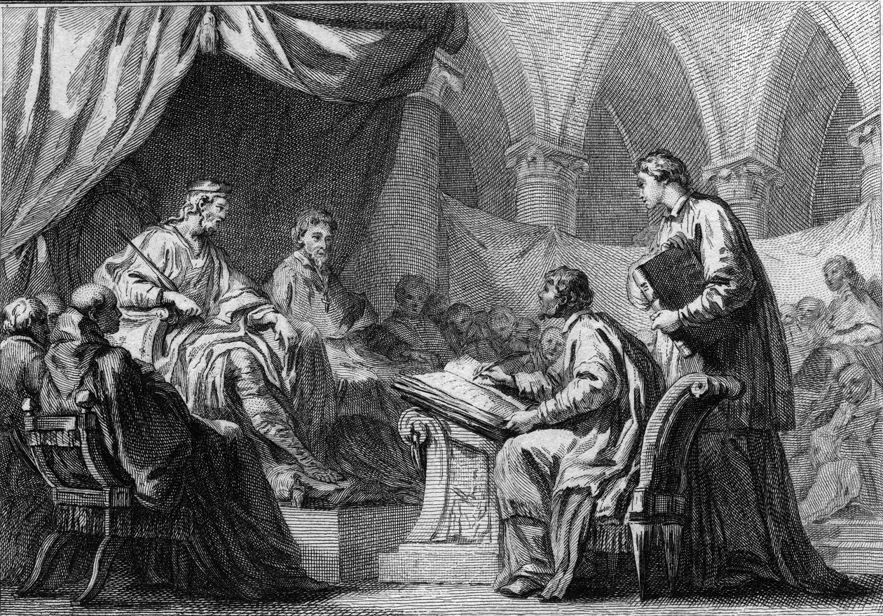 Sobór orleański, 511: Clovis I (466-511), król franków, uczestniczący w soborze, który nawiązał współpracę między królami Francji a Kościołem katolickim. Rycina z XVIII wieku. autorstwa French School
