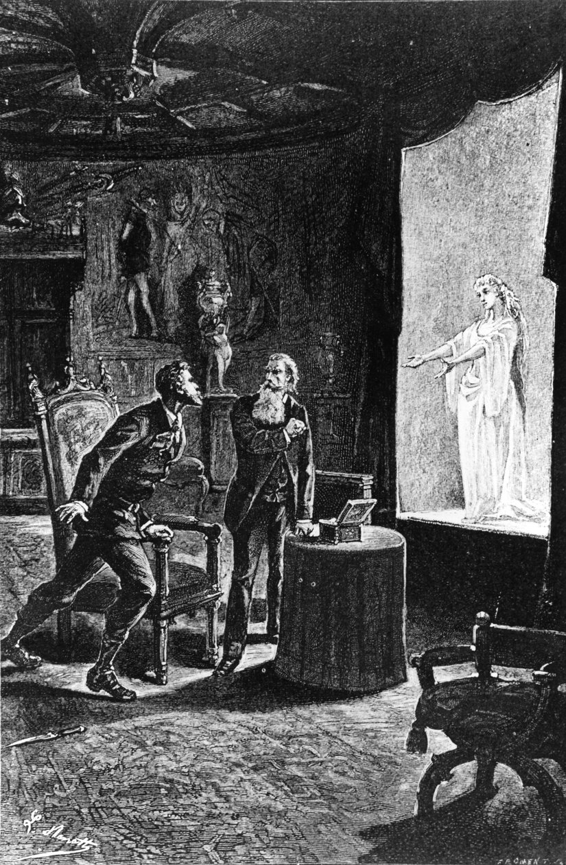 Hrabia Franz de Telek myśli, że widzi swoją dawną kochankę La Stillę, ilustracja do Zamku Karpackiego autorstwa Juliusza Verne