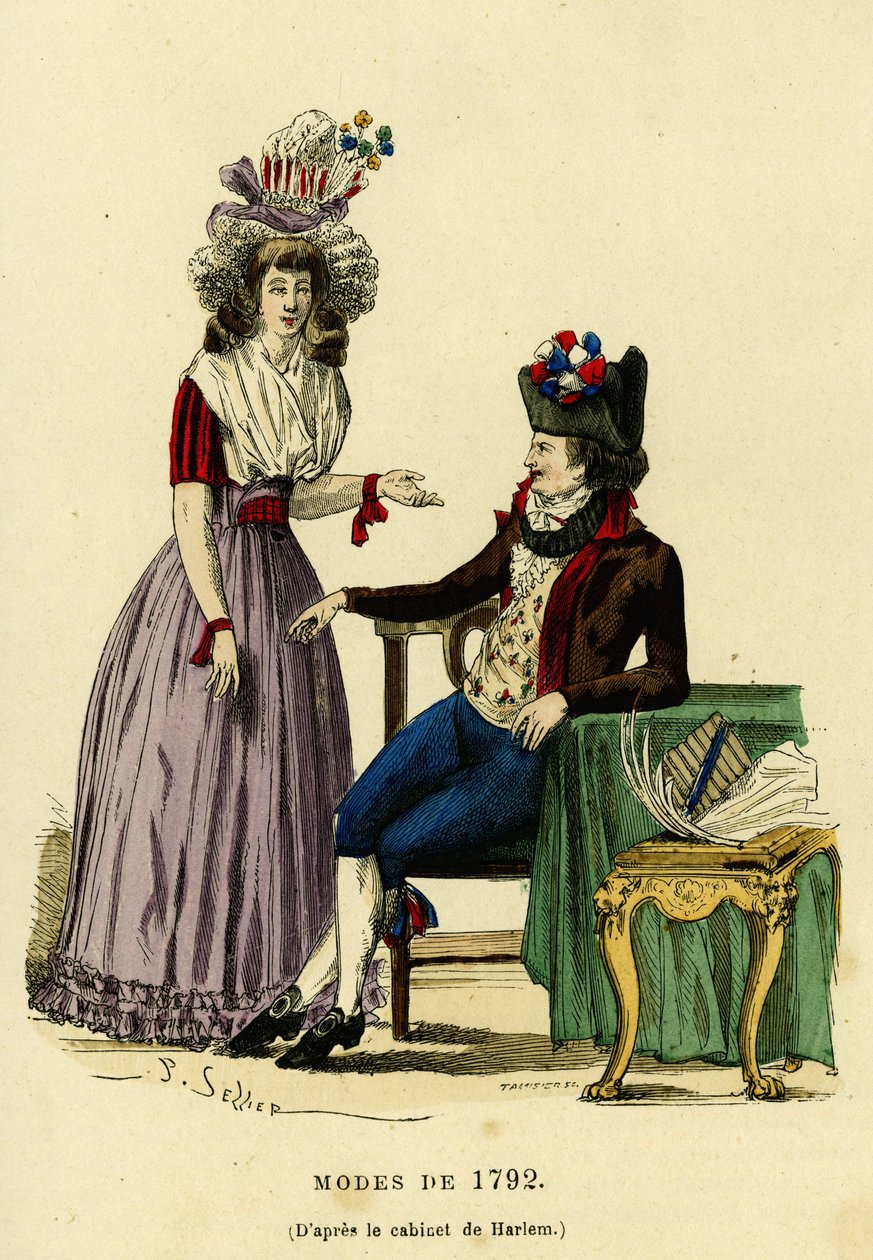 Para w modzie z 1792 roku. Kolorowa grawerunek według rysunku gabinetu Harlemu, w „France et les francais a travers les siecles” Augustina Challamela, redaktora F.Roya, Paryż 1882. Kolekcja Selva. autorstwa French School