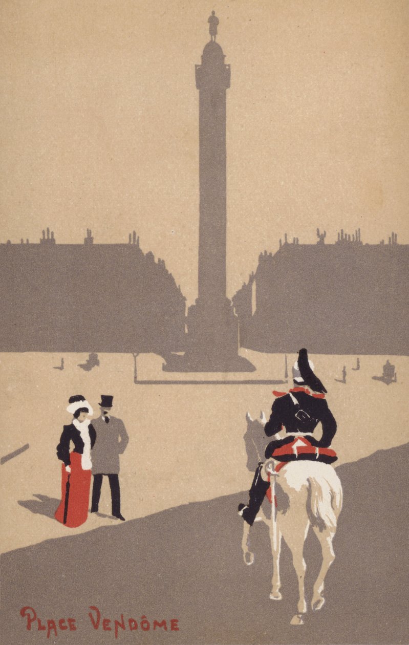 Para obserwuje francuskiego żołnierza kawalerii na Place Vendome w Paryżu we Francji (kolorowa litografia) autorstwa French School