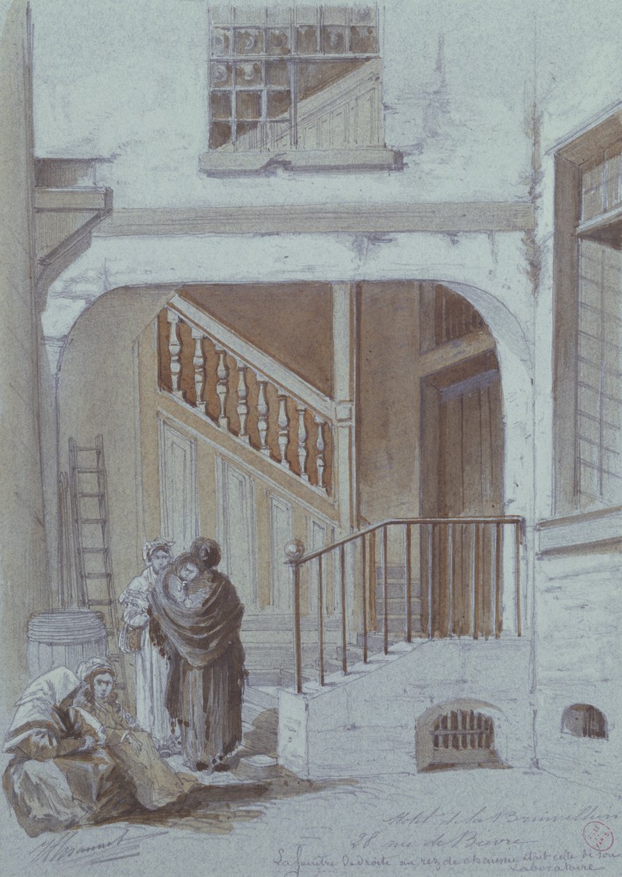 Dziedziniec i laboratorium markizy de Brinvilliers, 28 rue de Bievre, Paryż (kreda i gwasz na papierze) autorstwa French School