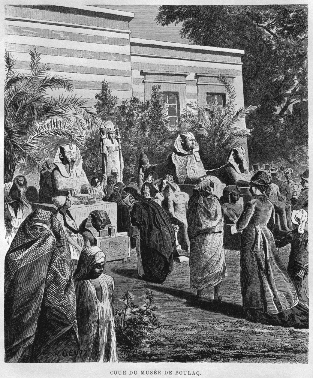 Dziedziniec muzeum, Bulaq, z LEgypte Georga Moritza Ebersa (1837-98), 1881 (rycina bw) autorstwa French School