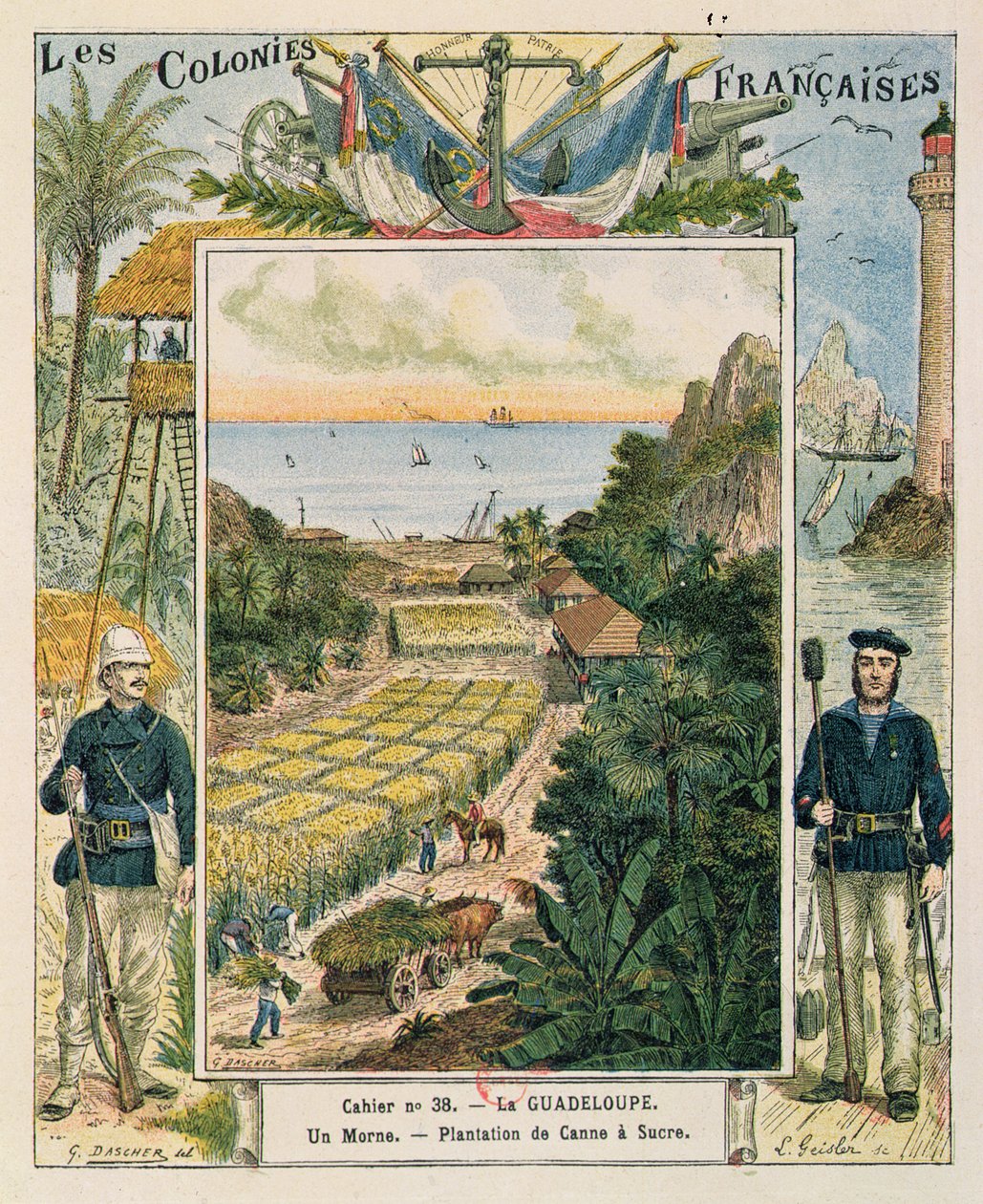 Okładka szkolnego zeszytu przedstawiającego plantację trzciny cukrowej na Gwadelupie, 1892 r. autorstwa French School