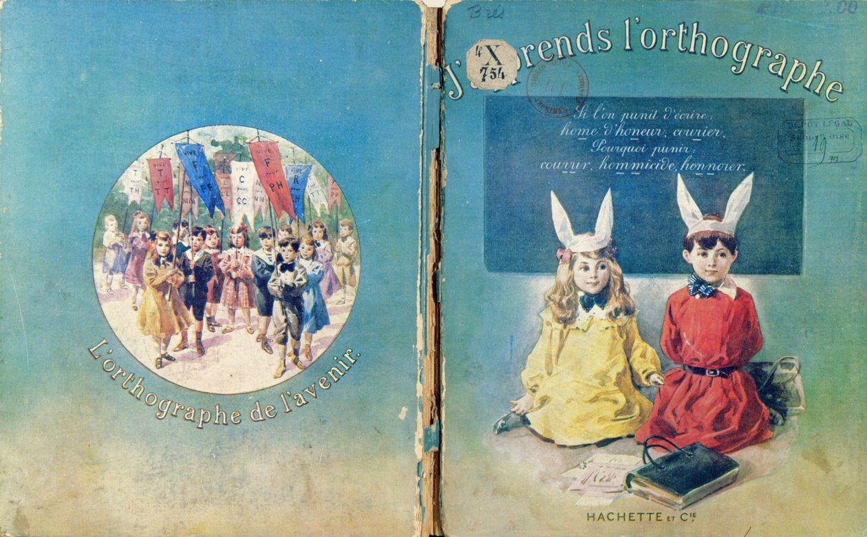 Ilustracja na okładce i tylna okładka francuskiego podręcznika szkolnego o pisaniu, wydanego przez Hachette w Paryżu, 1905 autorstwa French School