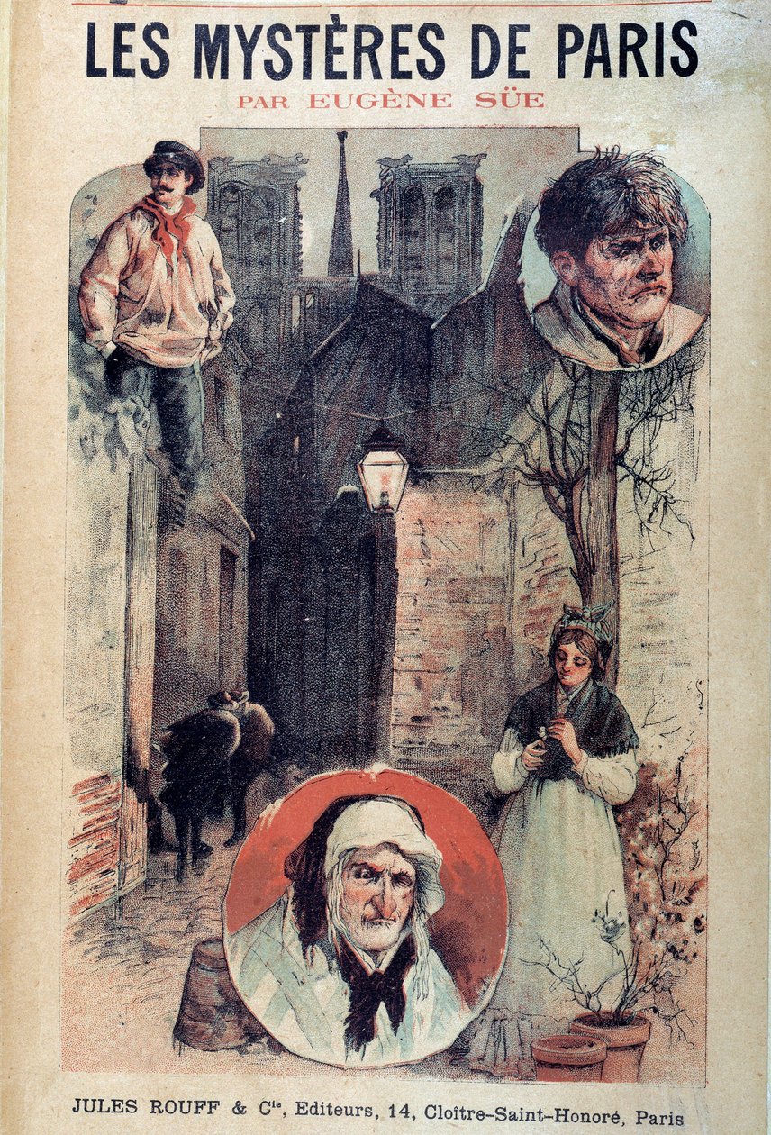Okładka „Les mysteres de Paris” Eugene Sue (1804-1857), widoki paryskiej alei i postacie autorstwa French School