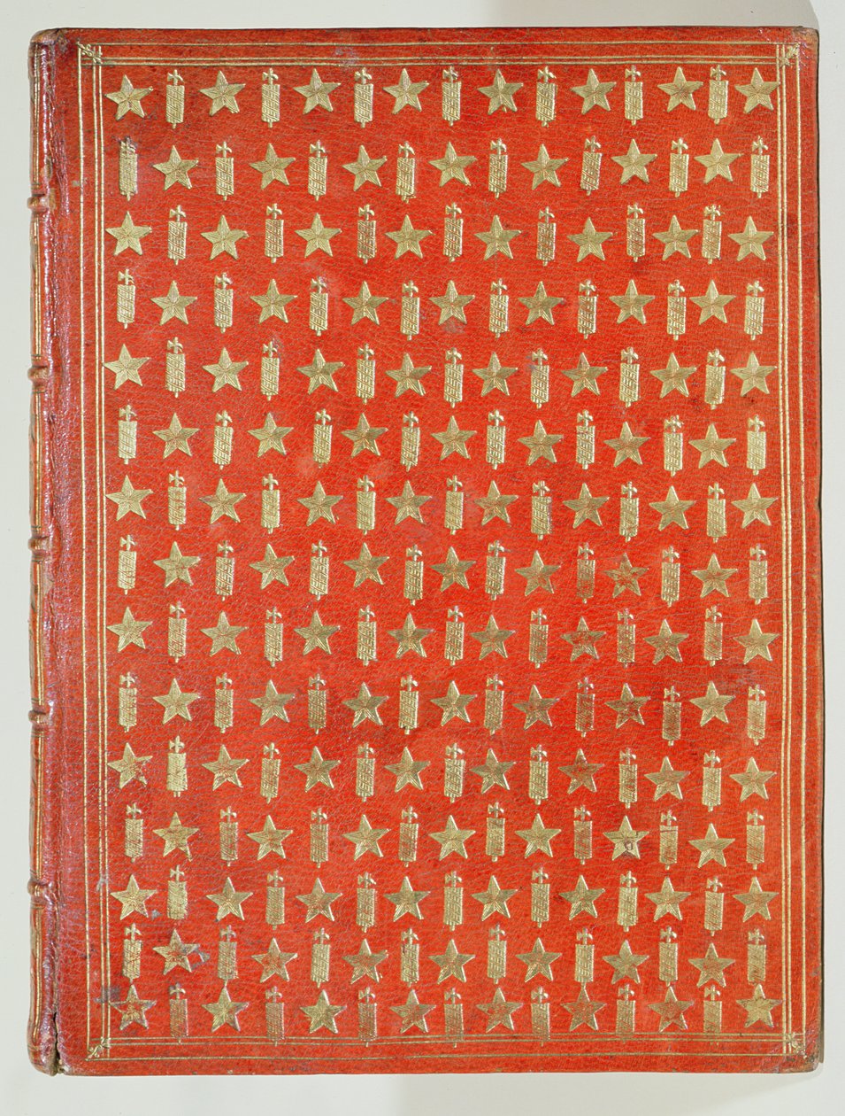 Okładka księgi Kardynała Mazarina, z wykończeniem przedstawiającym herby kardynalskie w postaci gwiazd i fas, 1644 (skóra i złocenie) autorstwa French School