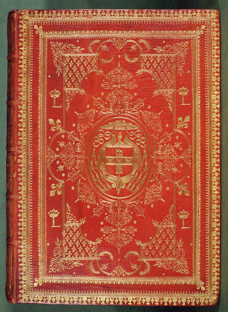 Okładka księgi kardynała Mazarina, z wykończeniem ukazującym kardynalskie ramiona gwiazd i fasces, zwieńczony galero i chwostami kardynała (skóra i złocenie) autorstwa French School