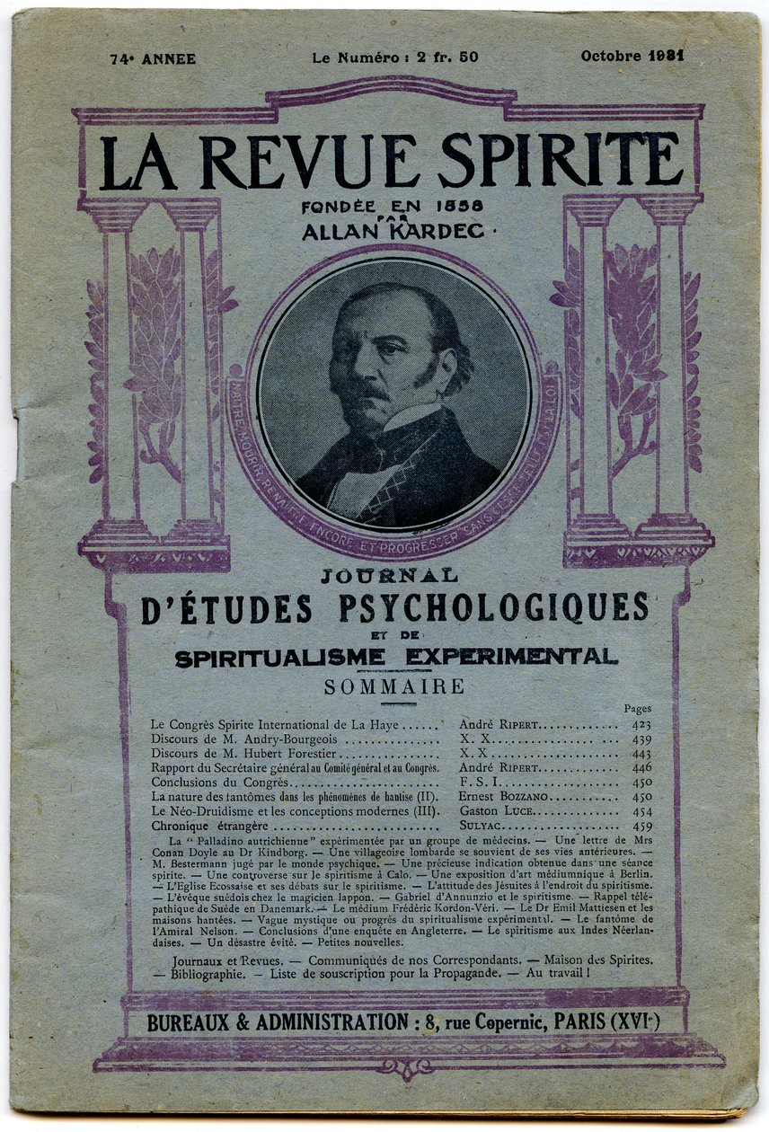 Okładka numeru „La revue spirite”, portret założyciela Allana Kardeca, magazyn z października 1931 autorstwa French School