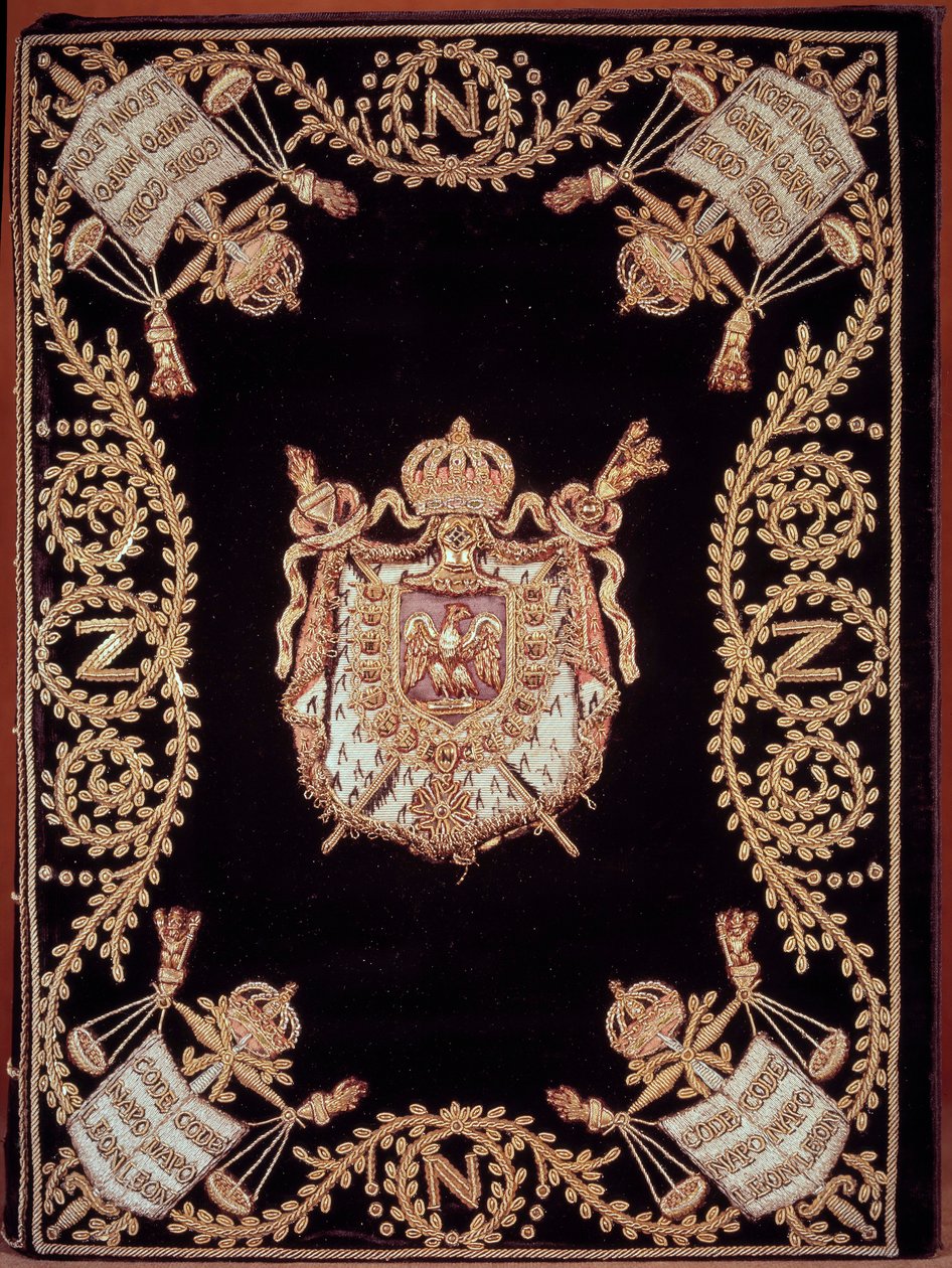 Okładka jednego z dwunastu oryginalnych wydań „Code civil des francais”” ogłoszonego przez Napoleona Bonaparte 21.03.1804. Oprawiony aksamitnym haftem ze złota i srebra z godłem sprawiedliwości i herbem cesarza. Francuska ustawa o prawach obywatelskich. B. autorstwa French School