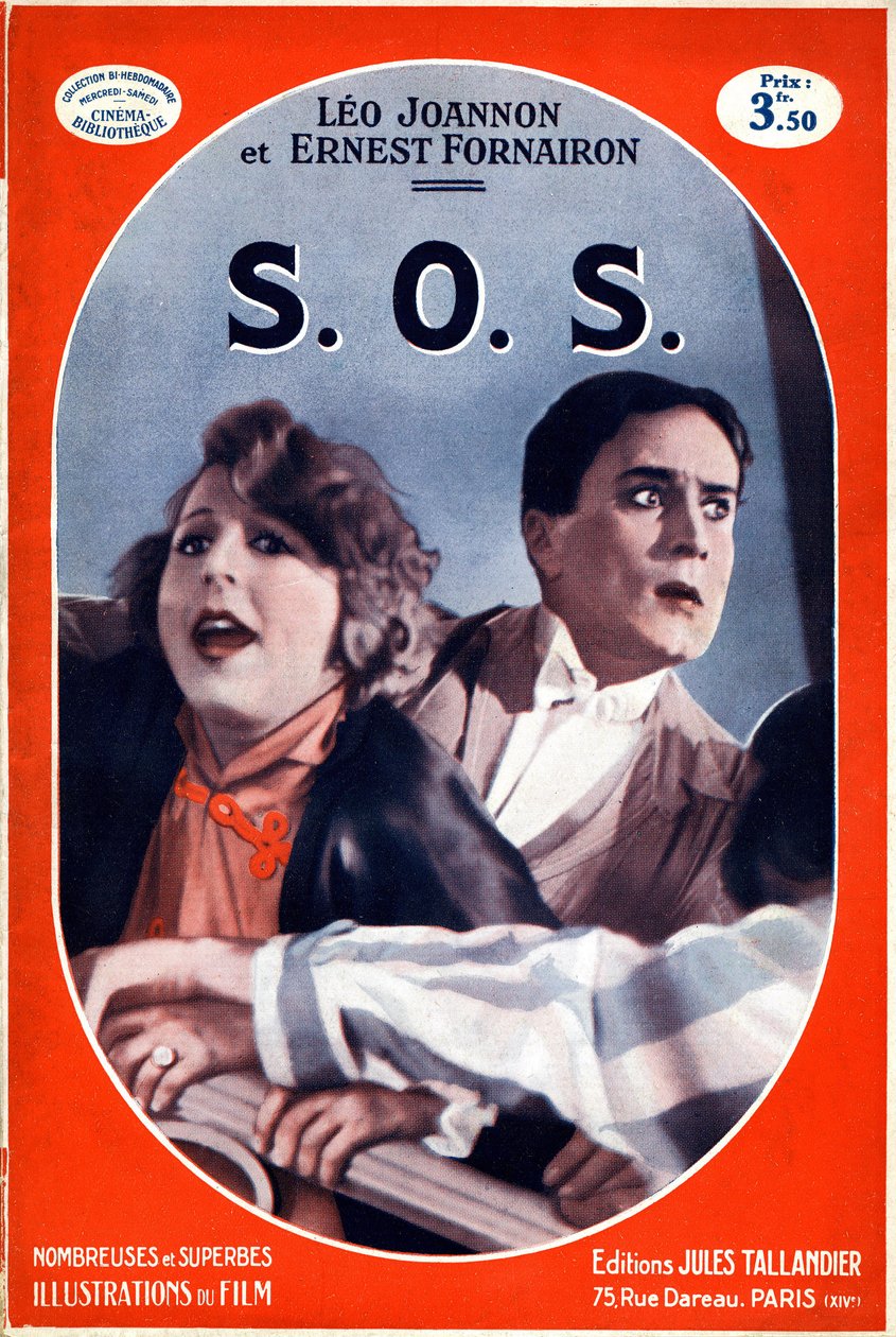Okładka książki S.O.S. (SOS) z wizerunkiem tytułowego filmu Carmine Gallone. Ilustracja akronimu wezwania pomocy, sygnał o niebezpieczeństwie z alfabetu Morse