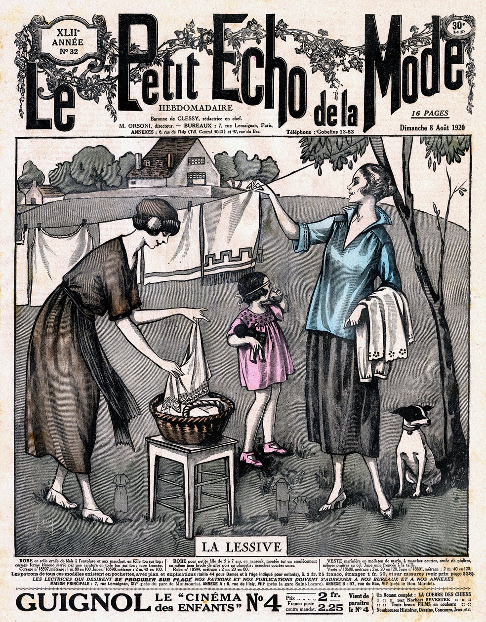 Okładka gazety „Le petit echo de la mode” la detergent - dwie kobiety z dziewczynką i psem rozkładają wyschniętą pościel na nitce na zewnątrz, nr 32 z 8 sierpnia autorstwa French School