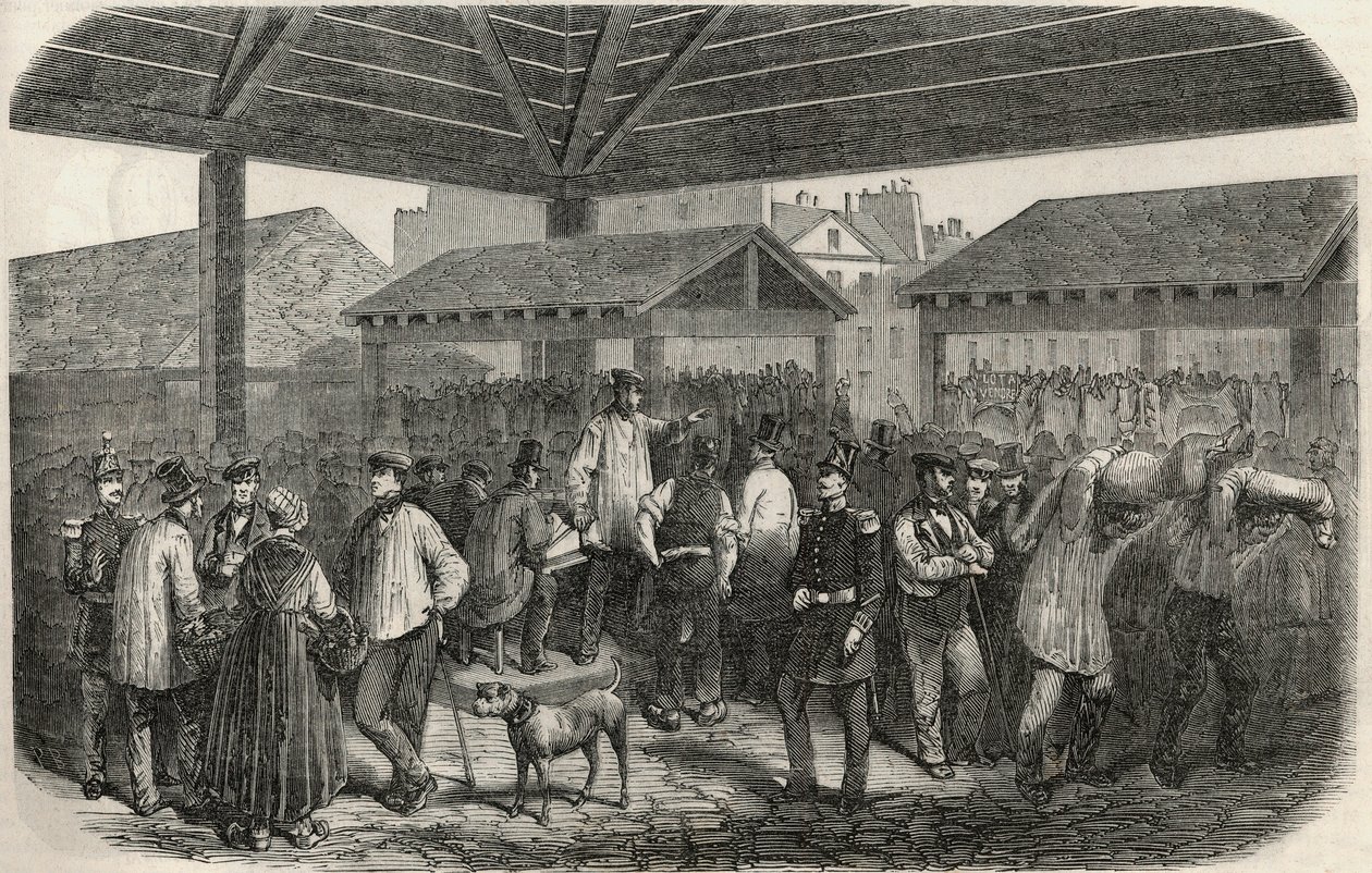 Tworzenie mięsa rzeźniczego na targu rue des Prouvaires w 1. dzielnicy Paryża - Grawerowanie w „Tableau-de-Paris” autorstwa Edmonda Texiera 1852 autorstwa French School