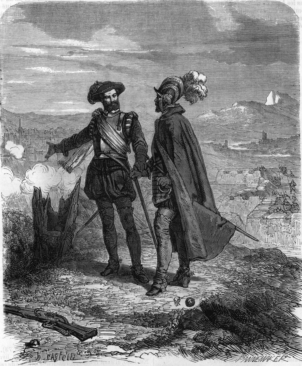 Crillon i Maksymilian z Bethune, książę Sully, francuski mąż stanu i doradca Henryka IV podczas oblężenia Sabaudii (1600-1601). W „”Histoire Populaire de la France””, rycinie z XIX wieku. autorstwa French School