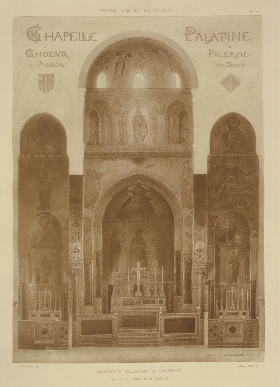 Przekrój od wschodniego końca Kaplicy Palatyńskiej, Palermo, Sycylia, z fragmentów dArchitecture du Moyen Age et de la Renaissance, rytowanych przez Jules Adolphe Chauvet (ur. 1828) autorstwa French School