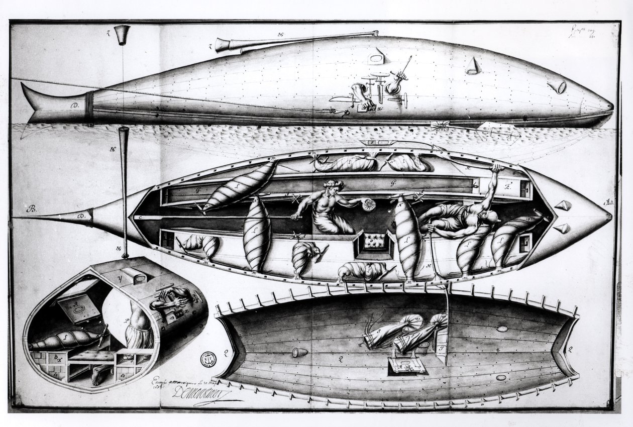 Przekrój łodzi podwodnej, z rękopisu, marzec 1689 autorstwa French School