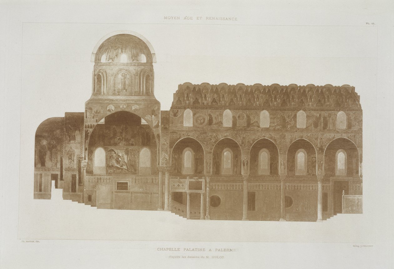 Przekrój Kaplicy Palatyńskiej, Palermo, Sycylia, z fragmentów dArchitecture du Moyen Age et de la Renaissance, rytowany przez Jules Adolphe Chauvet (ur. 1828) autorstwa French School