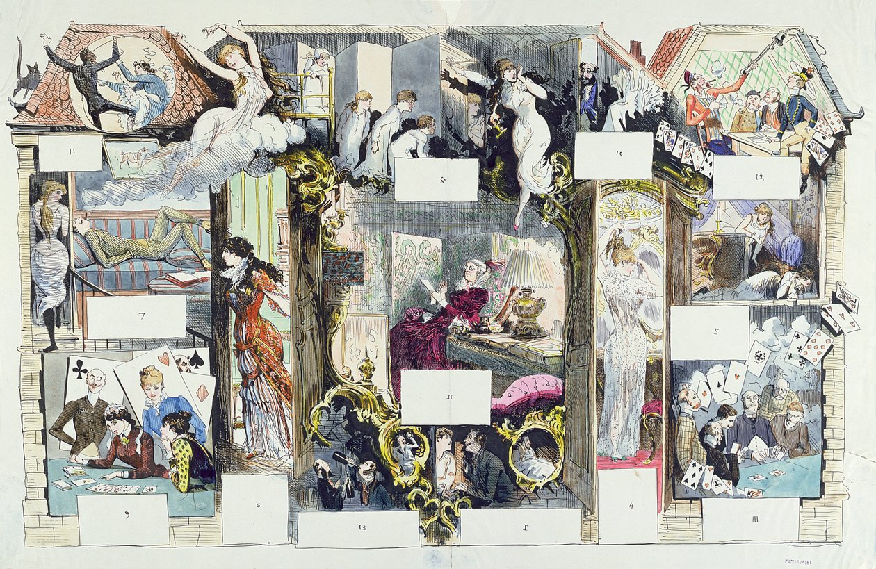 Przekrój domu paryskiego, ilustracja z La Vie Parisienne, ok. 1875 (kolorystyka) autorstwa French School