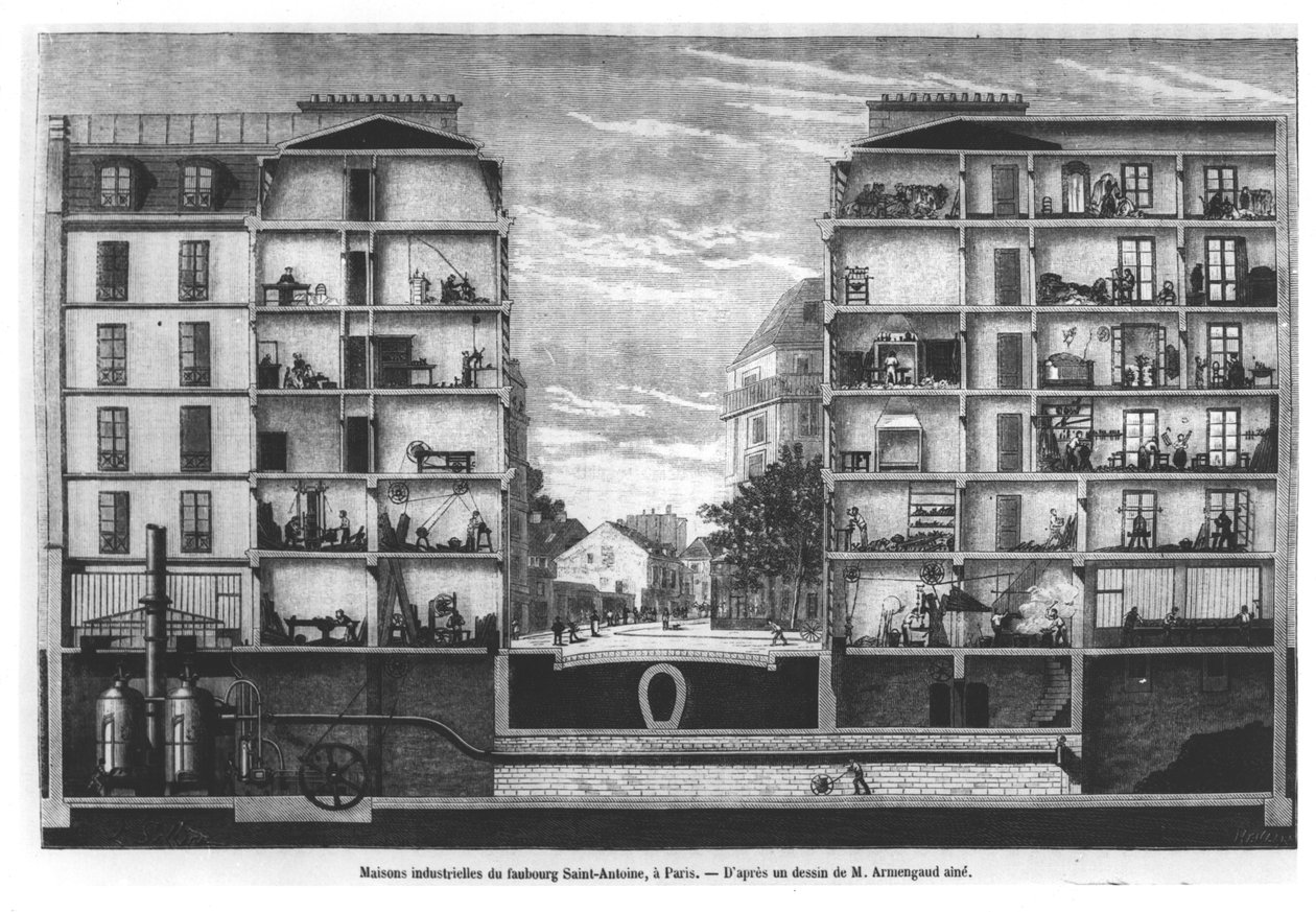 Przekrój domów przemysłowych w Faubourg Saint-Antoine w Paryżu, ilustracja z Le Magasin Pittoresque, 1885 autorstwa French School
