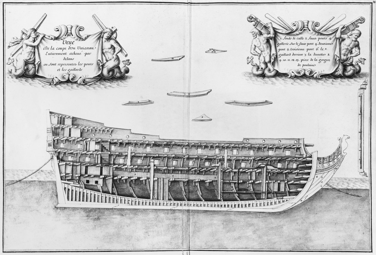 Przekrój w pełni wykończonego wnętrza statku, ilustracja z Atlas de Colbert, tablica 37 autorstwa French School