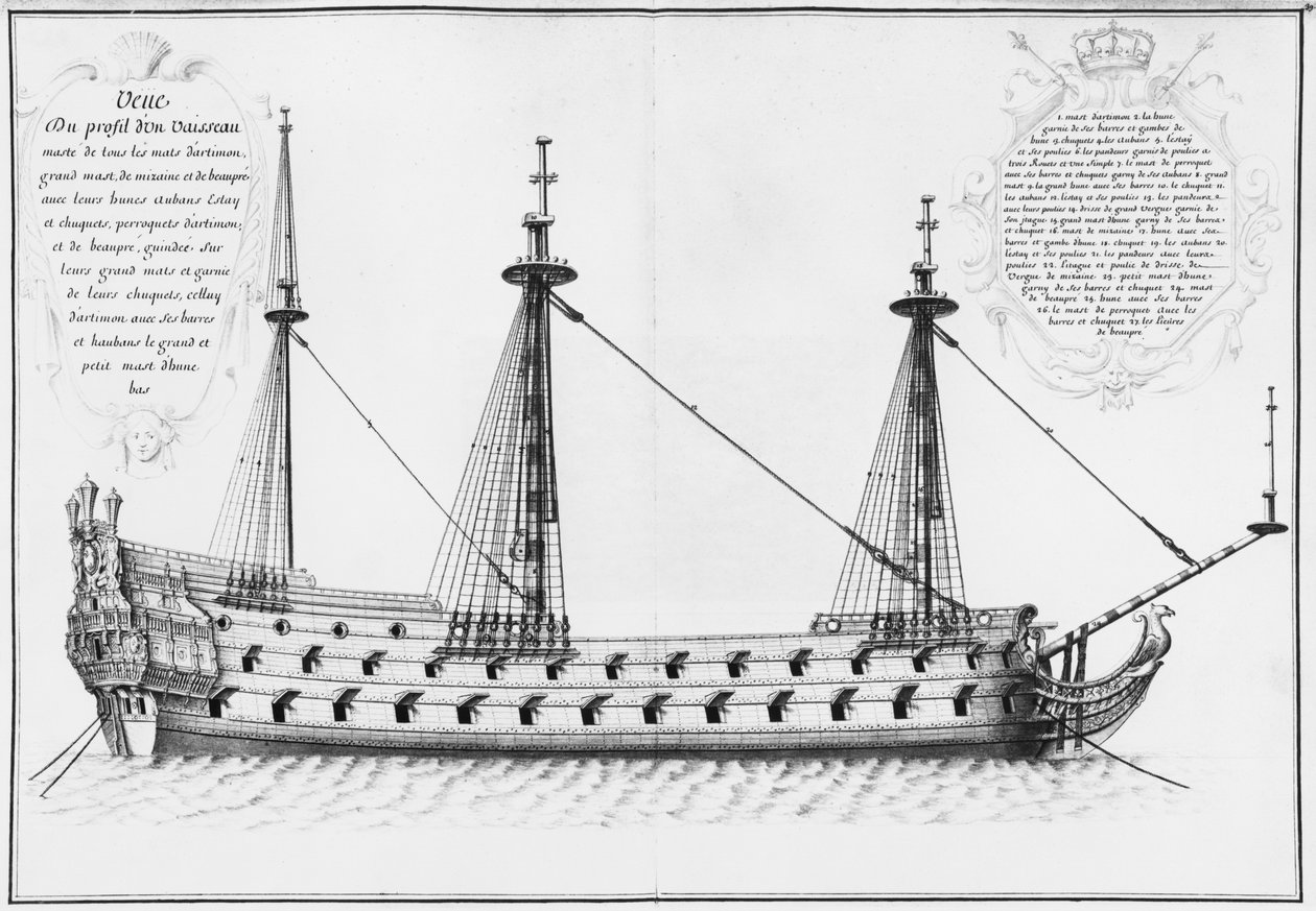 Przekrój w pełni wykończonego wnętrza statku, ilustracja z Atlas de Colbert, tablica 37 autorstwa French School