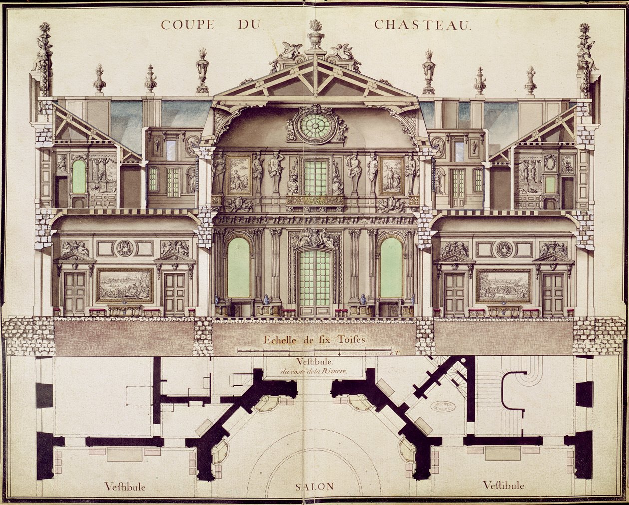 Przekrojowy plan zamku de Marly, 1714 autorstwa French School